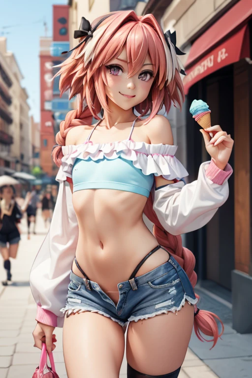 astolfo, Beautiful and slim perfect body, rasgos muy females, cuerpo female sexy muy delgado, flat chest, Pectorals, not breasts, very innocent smile, Girl, bright pink hair, spiky hair, short hair, a long braid, lock of white hair on left side, almost non-existent shorts, top that barely goes up the chest, off shoulder top, long fishnet stockings, female, small bulge in shorts, not penis, Eating an ice-cream, walking down the street