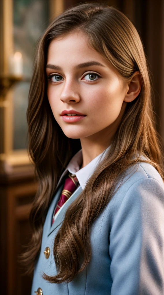 A young girl with long brown hair, beautiful detailed eyes, beautiful detailed lips, extremely detailed face, long eyelashes, wearing a Hogwarts school uniform, doing gymnastics in a close-up portrait, 15 years old, best quality, 4k, 8k, highres, masterpiece:1.2, ultra-detailed, realistic, photorealistic, photo-realistic:1.37, HDR, UHD, studio lighting, ultra-fine painting, sharp focus, physically-based rendering, extreme detail description, professional, vivid colors, bokeh, portrait