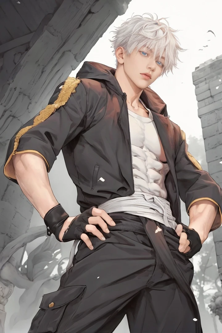 1 male, Japanese male model, high resolution 4k, young, handsome, perfect face detail, detailed eyes and face, clean shaved, sixpack, white eyebrow hair, white eyelashes, Naked torso, Detailed face, perfect face, dynamic lighting, Real skin texture, Perfect hand details, Real and complete hand details, unreal engine, hd picture, satoru gojo, Jujutsu kaisen, white hair, short hair ,hair between eyes ,blue eyes, white skin, Jacket, Gloves