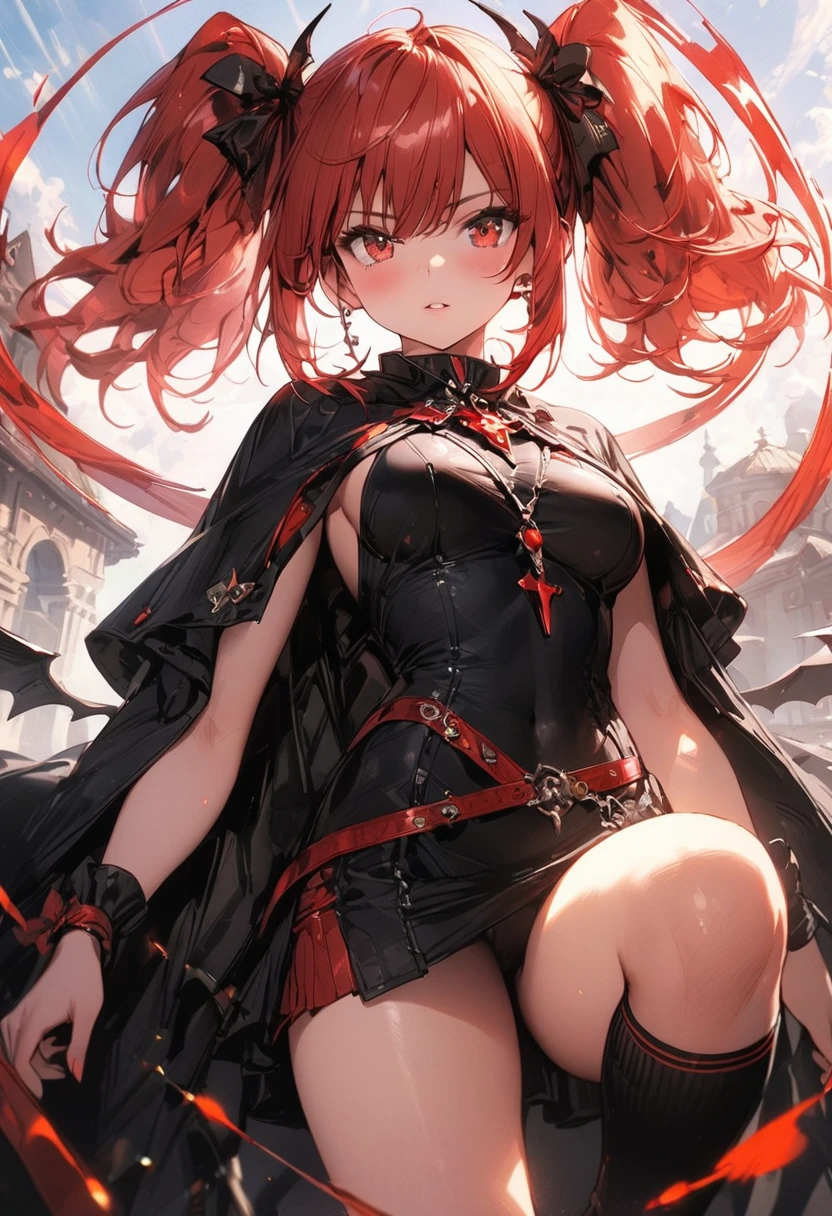 (masterpiece),(best quality),(ultra-detailed),(best illustration),(best shadow),(absurdres),(detailed background),(very aesthetic), wizzard, short hair, red hair, ((twin tail)), ((medium breasts)) ,red eyes, cloak, ((red_ornamentedium_tits)), exposed belly, 1girl, legs exposed, strikes, Perfect face, short skirt, ((black clothes)) ,knee socks,add_detail:1, add_detail:0, add_detail:0.5, moody light,and the sun was shining brightly,8k,hyper-detailing