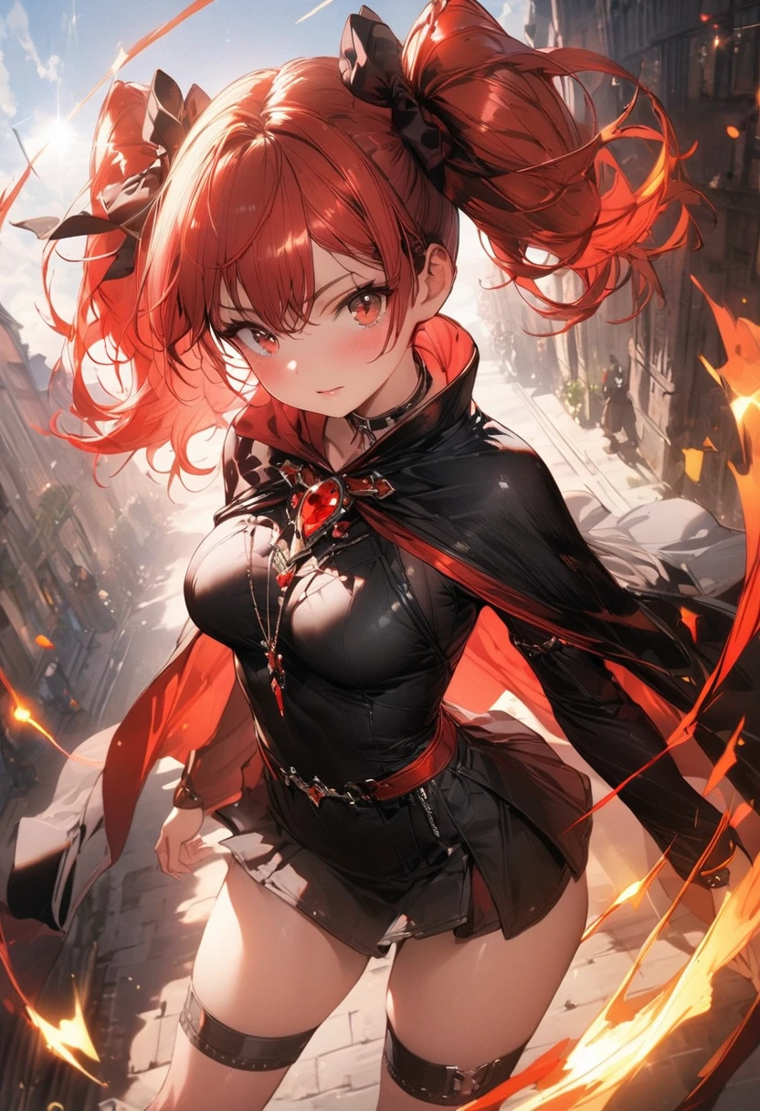 (masterpiece),(best quality),(ultra-detailed),(best illustration),(best shadow),(absurdres),(detailed background),(very aesthetic), wizzard, short hair, red hair, ((twin tail)), ((medium breasts)) ,red eyes, cloak, ((red_ornamentedium_tits)), exposed belly, 1girl, legs exposed, strikes, Perfect face, short skirt, ((black clothes)) ,knee socks,add_detail:1, add_detail:0, add_detail:0.5, moody light，and the sun was shining brightly，8k，hyper-detailing
