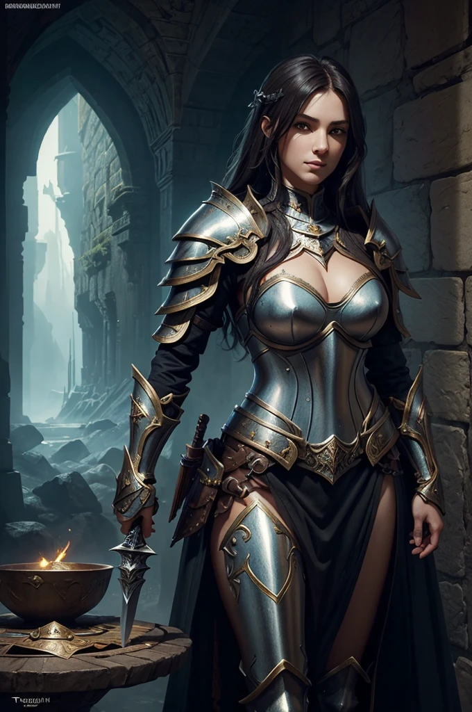 ((masterpiece:1.5, highest quality:1.5, 8k, embossed painting, extreme realistic, dark fantasy)). ((His eyes focus on looking at the viewer)). ((process mode: Seat 2.1)). Close-up of a woman wearing elaborately intricate armor and holding a sword., Fantasy Paladin Woman, armor girl, proportional chest, real cleavage, Female Knights, fantasy art behance, bikini armor Female Knights, fantasy warrior, fantasy card game art, Epic exquisite character art, Tyler Edlin Fantasy Art, Epic fantasy style art, Epic Fantasy Character Art