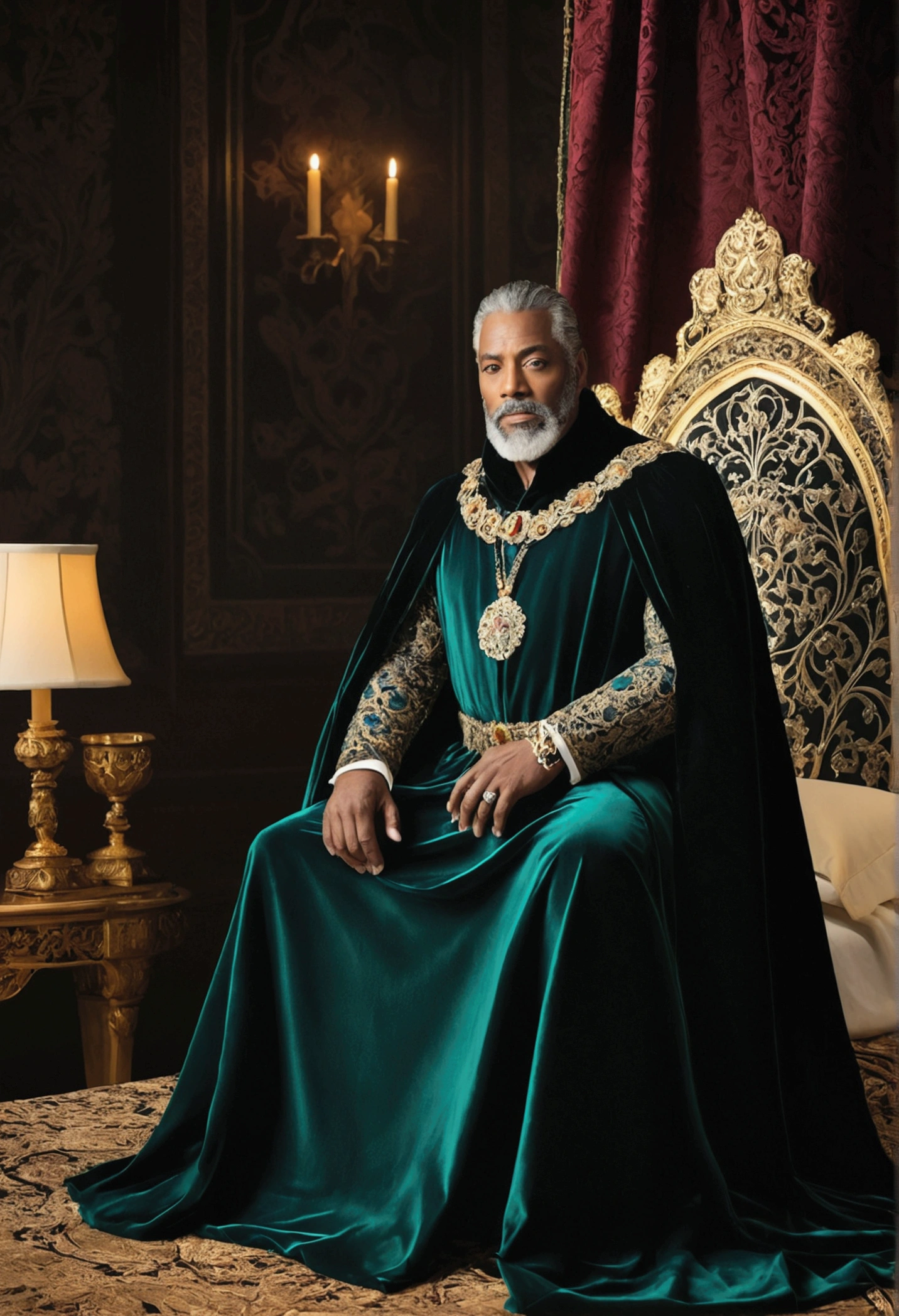 Capture a breathtaking, cinematic photo of a majestic, 60-year-old king exuding an aura of both grandeur and decadence. The king, with an air of commanding presence, is depicted in a powerful, front-facing pose that highlights his striking features and regal attire. His eyes are a deep, mesmerizing blue, and his short, silver hair is meticulously styled, complementing his thick, gray beard. His expression is one of confident, almost flirtatious authority, gazing directly at the viewer. He is seated on a luxurious, velvet-covered bed in his opulent chamber. The room is an epitome of medieval splendor, adorned with rich tapestries depicting historical conquests and royal achievements. The walls are lined with dark mahogany paneling, accentuated by golden sconces casting a warm, dramatic glow across the space. Heavy, ornate drapes frame the tall, arched windows, which reveal a glimpse of the lush, moonlit garden outside.The king's attire is a masterpiece of medieval fashion, featuring a snug, black velvet cloak that drapes elegantly around him. The cloak is adorned with intricate, silver embroidery and gemstone accents, reflecting his high status. His chest is prominently displayed, showcasing a finely crafted cuirass with elaborate, embossed designs. The armor glistens subtly in the ambient light, adding to the king’s imposing yet alluring presence. A richly detailed, golden scepter with embedded emeralds rests on the bed beside him, hinting at his royal power. The scene is meticulously lit to enhance the textures and details of his costume. Soft, diffused light creates a dramatic interplay of shadows and highlights, highlighting the king's powerful silhouette and the luxurious fabrics of his attire.The overall color palette of the image is a mix of deep blacks, rich golds, and silvers, creating a sense of opulence and sophistication. The photo is shot in 8K resolution, capturing every nuance of the textures and details with crystal-clear precision. The use of cinemat