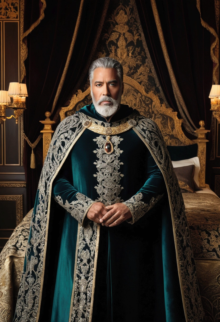 Capture a breathtaking, cinematic photo of a majestic, 60-year-old king exuding an aura of both grandeur and decadence. The king, with an air of commanding presence, is depicted in a powerful, front-facing pose that highlights his striking features and regal attire. His eyes are a deep, mesmerizing blue, and his short, silver hair is meticulously styled, complementing his thick, gray beard. His expression is one of confident, almost flirtatious authority, gazing directly at the viewer. He is seated on a luxurious, velvet-covered bed in his opulent chamber. The room is an epitome of medieval splendor, adorned with rich tapestries depicting historical conquests and royal achievements. The walls are lined with dark mahogany paneling, accentuated by golden sconces casting a warm, dramatic glow across the space. Heavy, ornate drapes frame the tall, arched windows, which reveal a glimpse of the lush, moonlit garden outside.The king's attire is a masterpiece of medieval fashion, featuring a snug, black velvet cloak that drapes elegantly around him. The cloak is adorned with intricate, silver embroidery and gemstone accents, reflecting his high status. His chest is prominently displayed, showcasing a finely crafted cuirass with elaborate, embossed designs. The armor glistens subtly in the ambient light, adding to the king’s imposing yet alluring presence. A richly detailed, golden scepter with embedded emeralds rests on the bed beside him, hinting at his royal power. The scene is meticulously lit to enhance the textures and details of his costume. Soft, diffused light creates a dramatic interplay of shadows and highlights, highlighting the king's powerful silhouette and the luxurious fabrics of his attire.The overall color palette of the image is a mix of deep blacks, rich golds, and silvers, creating a sense of opulence and sophistication. The photo is shot in 8K resolution, capturing every nuance of the textures and details with crystal-clear precision. The use of cinemat