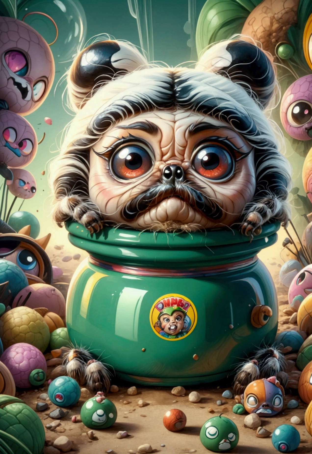 GPK style, Wacky cute jumping spider, 3d, up close, garbage pail kids style