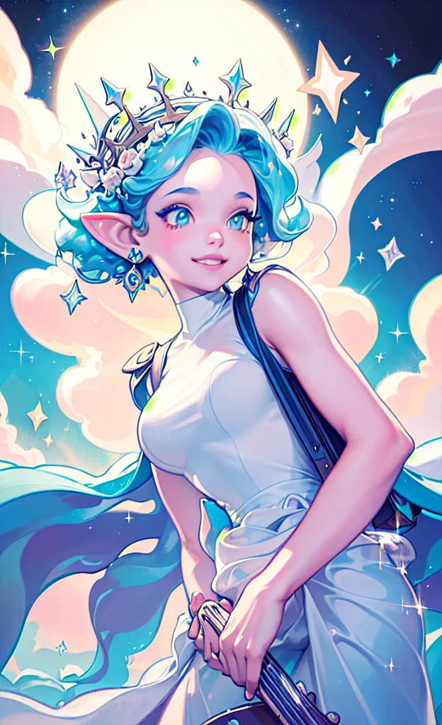 masterpiece, best quality, 1girl, the cloud elf queen busks on the streets of new york, casual, night, stars, (smile:0.8), sparkle, glow, glowing