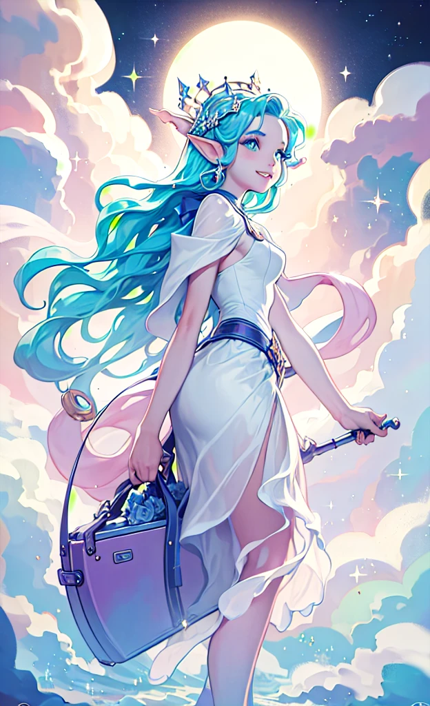 masterpiece, best quality, 1girl, the cloud elf queen busks on the streets of new york, casual, night, stars, (smile:0.8), sparkle, glow, glowing
