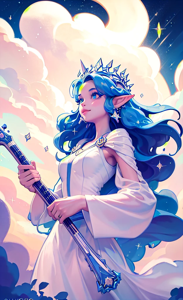 masterpiece, best quality, 1girl, the cloud elf queen busks on the streets of new york, casual, night, stars, (smile:0.8), sparkle, glow, glowing