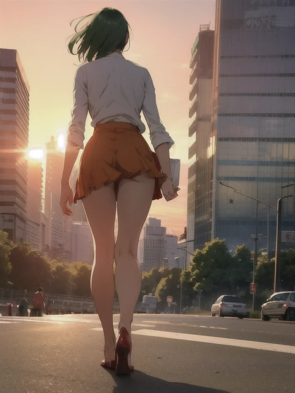 anime、(((Tokyo at sunset)))、One Woman、Short green hair、See-through blouse、Reddish orange tight skirt、Hair fluttering in the wind、Full body portrait、Skyscrapers can be seen in the distance、The light reflects off the hair、Grey high heels、