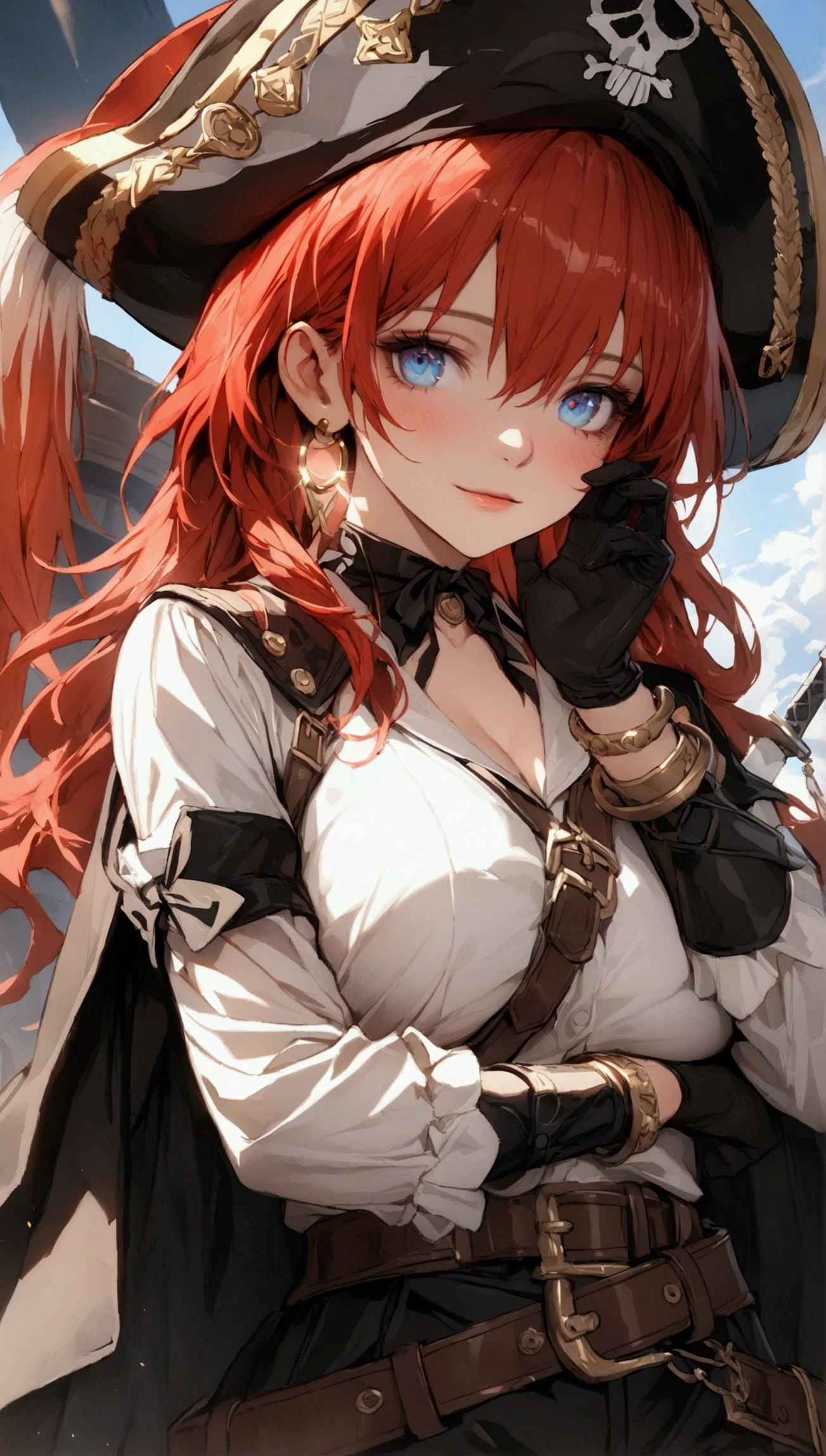 (Masterpiece. The best quality. 8K. Sharp focus. Depth of field, The best shadows. Perfect lighting. HDR. Realistic skin texture. Ultra-detailed background. Detail). Anime style. Honkai: Star Rail. March 7. 1 girl. Fiery red hair, short hair. Azure blue eyes, beautiful eyes, beautiful eyes, expressive eyes. Beautiful nose, perfect facial features. B-size breasts, beautiful breasts. Long beautiful legs. Arms crossed on chest, right hand near face, right hand placed on cheek, Ara Ara. Pirate hat, white blouse, pirate pants, pirate knee-length boots, elbow-length leather gloves, wide belt on waist, gold bracelets on hands, gold hoop earrings in ears. Pirate uniform-cloak. Shoulder straps with Jolly Roger on shoulders. On the belt there is a saber and a musket.  Stands at full height at the ship's helm. Full body.