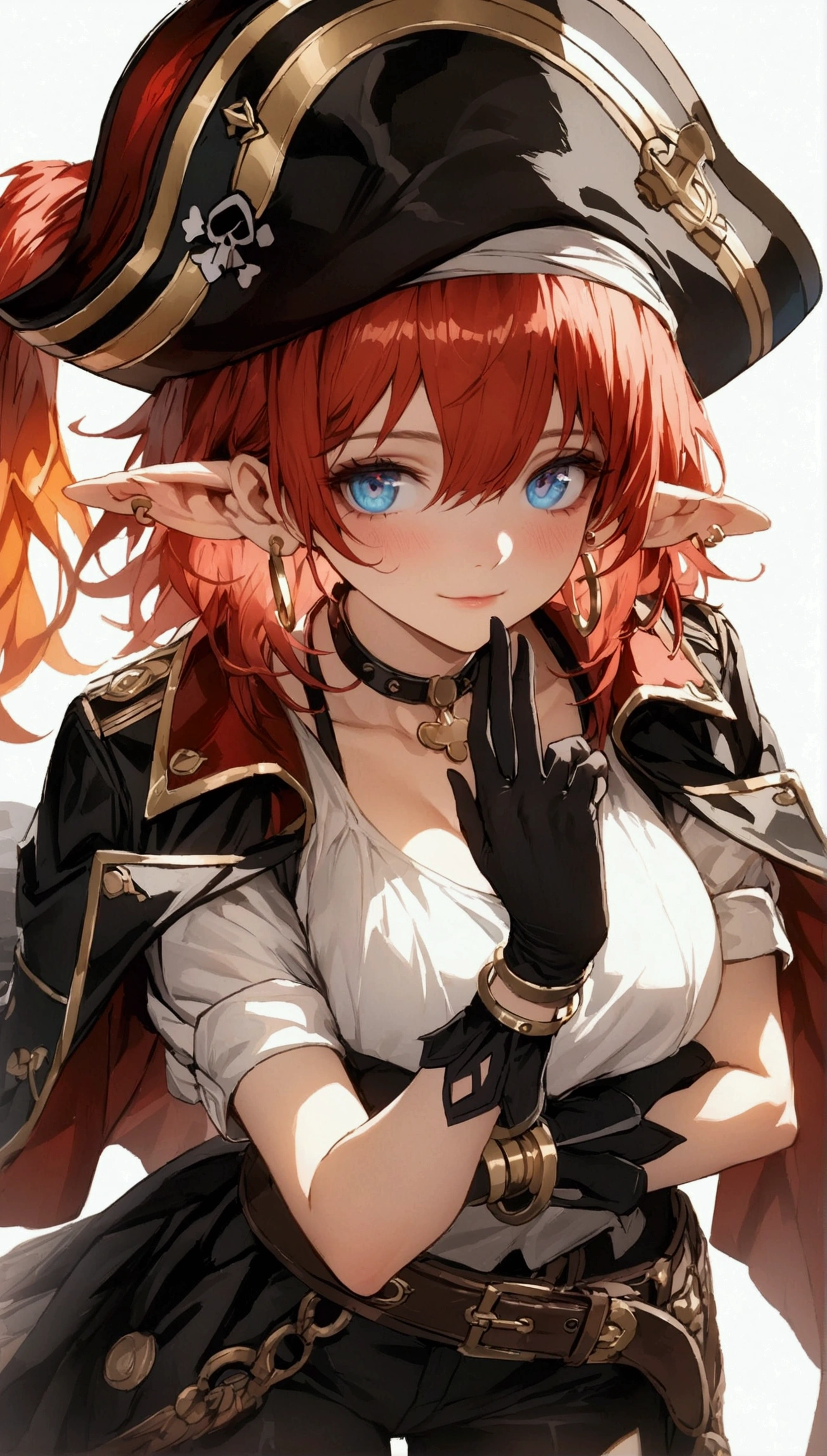 (Masterpiece. The best quality. 8K. Sharp focus. Depth of field, The best shadows. Perfect lighting. HDR. Realistic skin texture. Ultra-detailed background. Detail). Anime style. Honkai: Star Rail. March 7. 1 girl. Fiery red hair, short hair. Azure blue eyes, beautiful eyes, beautiful eyes, expressive eyes. Beautiful nose, perfect facial features. B-size breasts, beautiful breasts. Long beautiful legs. Arms crossed on chest, right hand near face, right hand placed on cheek, Ara Ara. Pirate hat, white blouse, pirate pants, pirate knee-length boots, elbow-length leather gloves, wide belt on waist, gold bracelets on hands, gold hoop earrings in ears. Pirate uniform-cloak. Shoulder straps with Jolly Roger on shoulders. On the belt there is a saber and a musket. Stands at full height at the ship's helm. Full body.