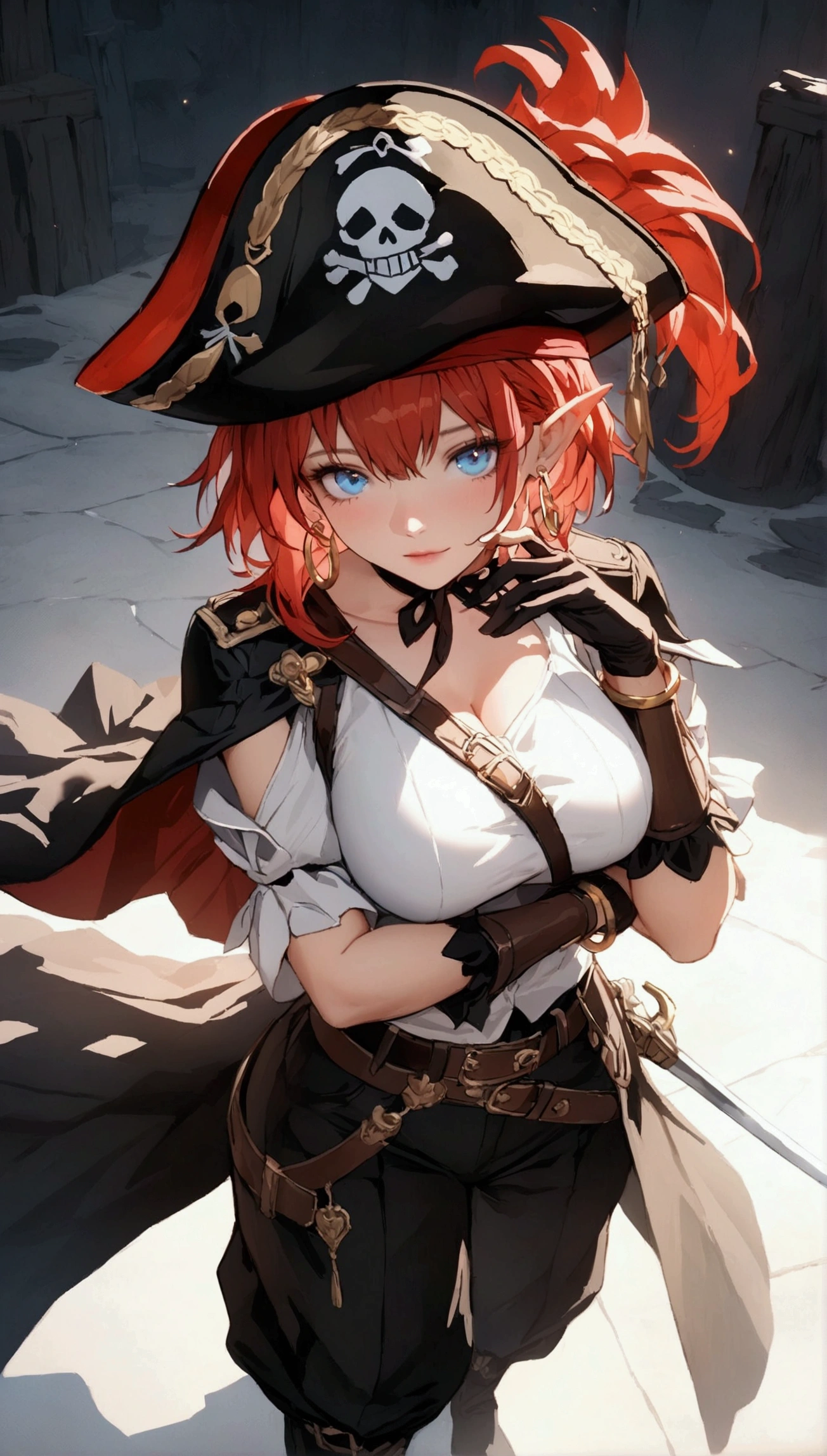 (Masterpiece. The best quality. 8K. Sharp focus. Depth of field, The best shadows. Perfect lighting. HDR. Realistic skin texture. Ultra-detailed background. Detail). Anime style. Honkai: Star Rail. March 7. 1 girl. Fiery red hair, short hair. Azure blue eyes, beautiful eyes, beautiful eyes, expressive eyes. Beautiful nose, perfect facial features. B-size breasts, beautiful breasts. Long beautiful legs. Arms crossed on chest, right hand near face, right hand placed on cheek, Ara Ara. Pirate hat, white blouse, pirate pants, pirate knee-length boots, elbow-length leather gloves, wide belt on waist, gold bracelets on hands, gold hoop earrings in ears. Pirate uniform-cloak. Shoulder straps with Jolly Roger on shoulders. On the belt there is a saber and a musket. Stands at full height at the ship's helm. Full body.