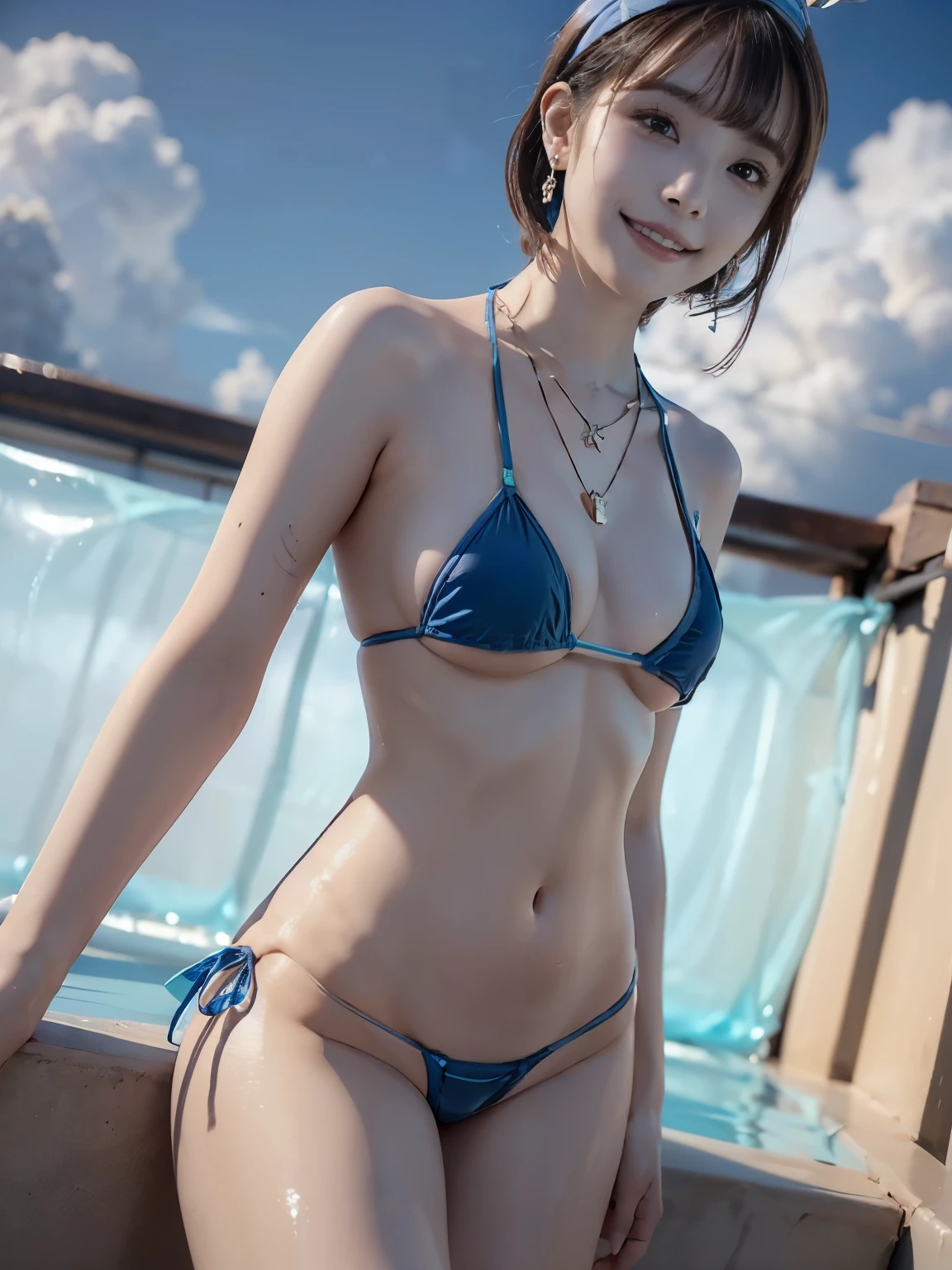 ((((Highest quality))))、(((Ultra-precision CG16K wallpaper)))、(((masterpiece)))、(((Super detailed)))、(((Extreme detail)))、((１Mature 29 year old woman:1.6))、((Very beautiful Japan face of a person))、((Urizane Face:1.8))、((Short bob straight hair、blunt bangs:1.5))、(Shiny Hair)、A delicately drawn beautiful face、(Detailed eyes、Shining black eyes、Detailed eyes孔と虹彩)、double eyelid、High nose、Small nostrils、Small Mouth、Seductive lips、Beautiful breasts、((B cup size breasts))、Cleavage、Vertical belly button、Delicate fingers、Beautiful feet、((Thin thighs))、eight-headed body、Perfect proportions、Perfect Anatomy、Perfect composition、Beautiful detailed shading、Beautiful, natural lighting、Beautiful detail glow、Depth of written boundary、(((High chroma)))、(((Real:1.9)))、((vivid:1.5))、((Beautiful Skin))、((Skin Texture))、((Realな皮膚感))、(((Cowboy Shot:1.6)))、(((front view、shoot from front、front low angle:1.6)))、(((smile:1.6)))、(((looking at camera:1.6)))、Bright daylight、Natural light、(((background_Outdoor pool side、Sky and Clouds:1.5)))、(Standing pose:1.6)、(((Blue micro bikini swimsuit:1.6)))、((hair band、necklace、Wearing earrings:1.6))、