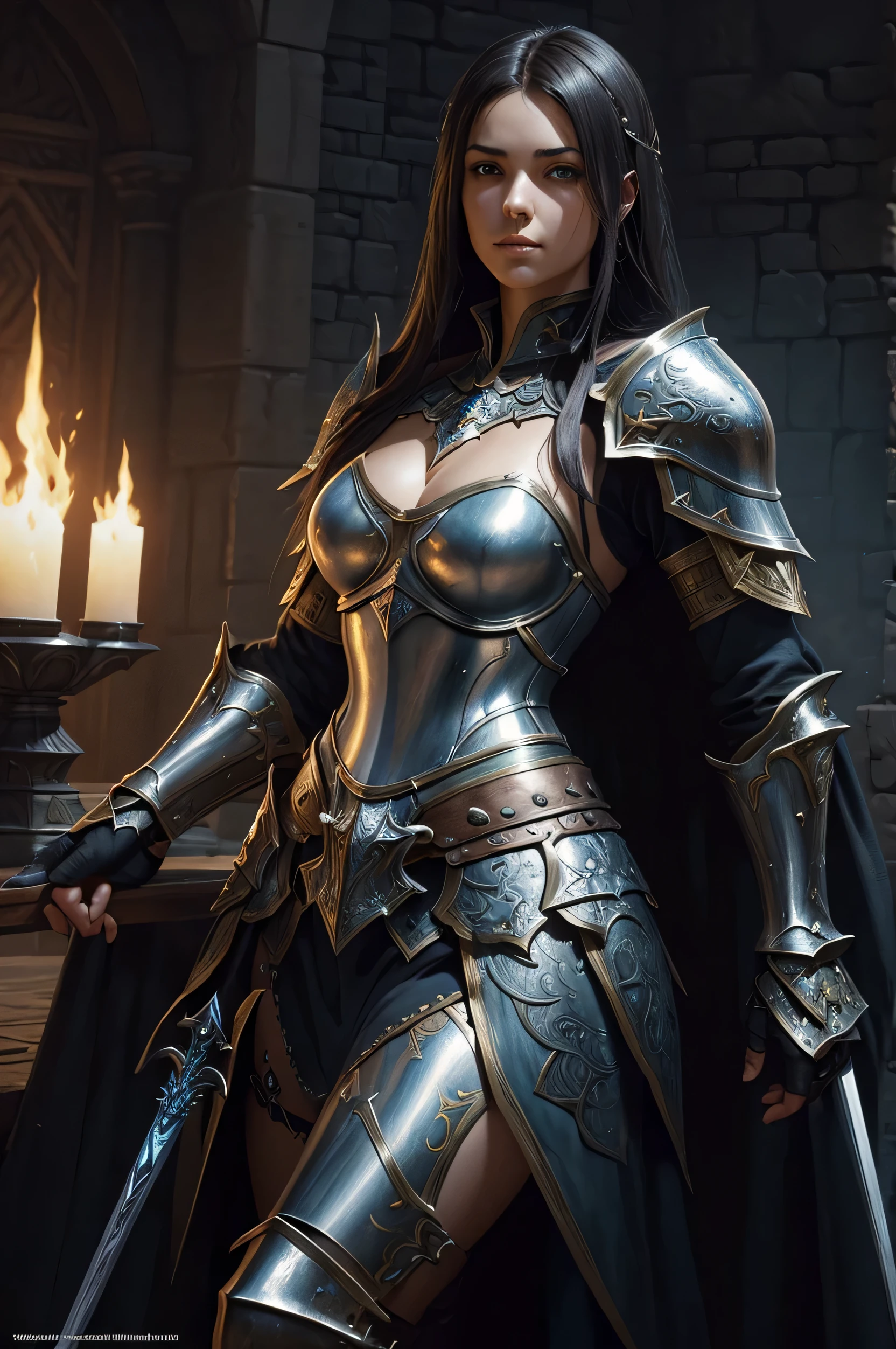 ((masterpiece:1.5, highest quality:1.5, 8k, embossed painting, extreme realistic, dark fantasy)). ((His eyes focus on looking at the viewer)). ((process mode: Seat 2.1)). Close-up of a woman wearing elaborately intricate armor and holding a sword., Fantasy Paladin Woman, armor girl, proportional chest, real cleavage, Female Knights, fantasy art behance, bikini armor Female Knights, fantasy warrior, fantasy card game art, Epic exquisite character art, Tyler Edlin Fantasy Art, Epic fantasy style art, Epic Fantasy Character Art