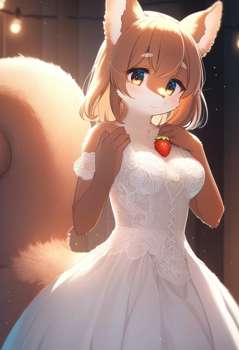 ((Masterpiece)), ((Best Quality)), (Very Detailed), ((Very Detailed)), 4K, (8K), very aesthetic, absurdres highres, 1 girl, (anthropomorphic squirrel, furry, kemono:1.5), An elegant woman in a white dress is indoors, gazing at a strawberry ring on her finger. The room is illuminated by cool-toned light, highlighting the texture of the lace on her dress.