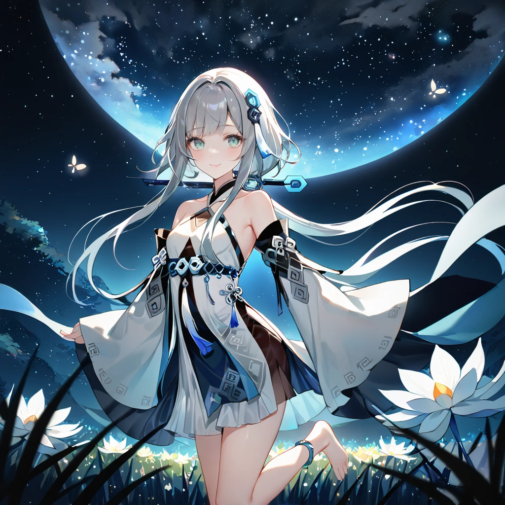 score_9, score_8_up, score_7_up, score_6_up,1girl, guizhong_\(genshin_impact\),(grey hair),short_hair_with_long_locks in front and low ponytail in back,gradient_hair,(pale grey eyes with seafoam gradient),starry_sky_print,detached_sleeves white outside blue starry inside, hands completely hidden by long sleeves,stunning field of softly glowing cerulean and white glaze lilies,night scene,gentle smile,face focus, eye focus,ladyshadow,moonlight,glossy lips,vivid anime coloring,cel shading,smooth, soft dreamy focus,anklet,halter_top,white clothes,highly detailed,digital painting,bare_shoulders,barefoot,cool night tones, magical night scene,geo crystalflies,professional,anemo colored fireflies,nebula of stardust and silvery vapor,harmonious blend of nature and art,transcendent beauty,awe-inspiring artwork,(best quality,4k,8k,highres,masterpiece:1.2),yunamaro,carnelian,dsmile,cosmic stardust,guizhong, guizhong's def clothes, 1girl, long hair, blue eyes, barefoot, guizhong's dress, hair ornament, chinese clothes, sleeves past fingers,