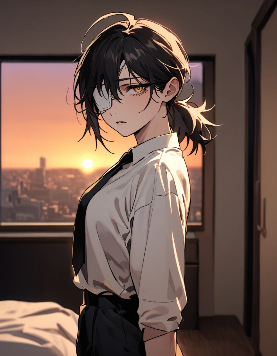 
mature, golden eyes, looking at viewer, female, bedroom background, messy hair, black short hair, ponytail, parted lips, hair between eyes, ahoge, emotionless, tired eyes, standing, from the side, black pants, white shirt, medical eye patch, black tie, sunset