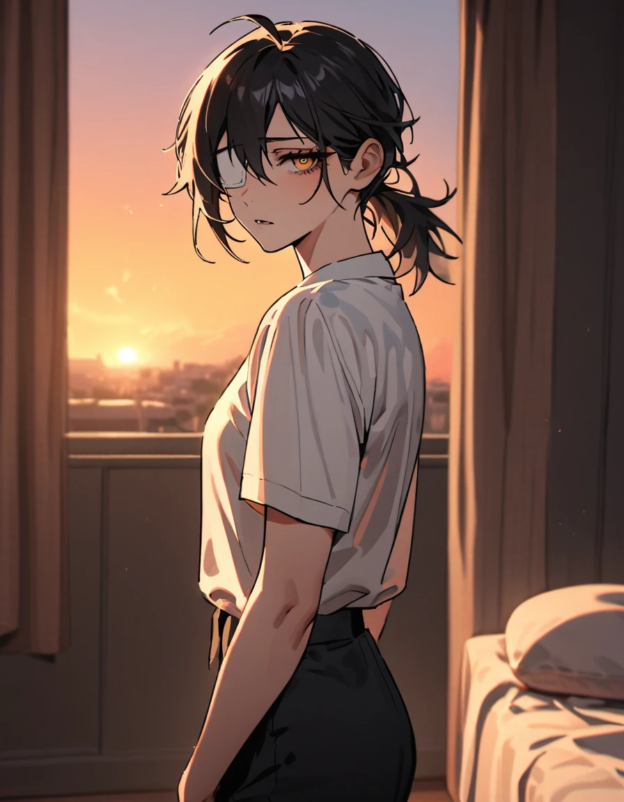 
mature, golden eyes, looking at viewer, female, bedroom background, messy hair, black short hair, ponytail, parted lips, hair between eyes, ahoge, emotionless, tired eyes, standing, from the side, black pants, white shirt, medical eye patch, black tie, sunset