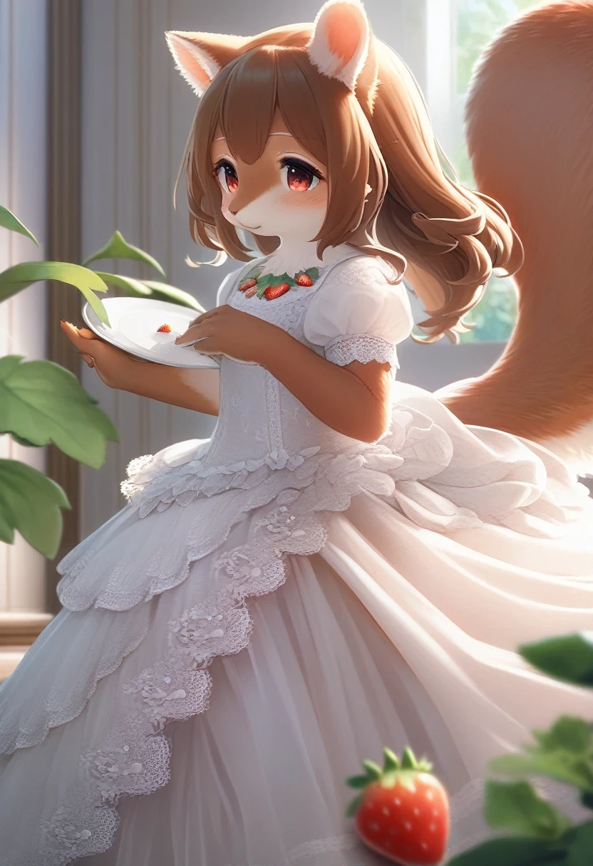 ((Masterpiece)), ((Best Quality)), (Very Detailed), ((Very Detailed)), 4K, (8K), very aesthetic, absurdres highres, 1 girl, (anthropomorphic squirrel, furry, kemono:1.5), In an elegant interior, a woman in a white dress looks at a ring with a thin silver band and a realistic strawberry-shaped top. A small red ruby is embedded in the strawberry, and green leaves decorate the surrounding area. Cool light illuminates the room, highlighting the lace texture of the dress.
