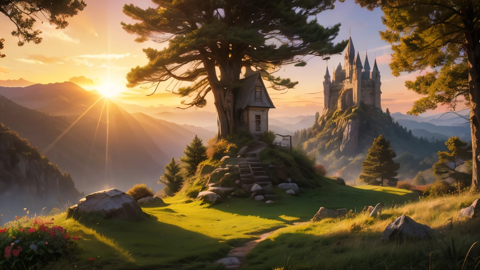 fantasy fairytale tall wizard's tower in a valley with huge dramatic mountains towering in the distance,autumn,large ornamental lawns, rocks plants flowers shrubs trees moss lawns grass redwoods,sunrise and strong sunbeams,very hazy,extreme details,photorealistic,4k,HD,beautiful,nature, dreamy, low shot,ground level photo