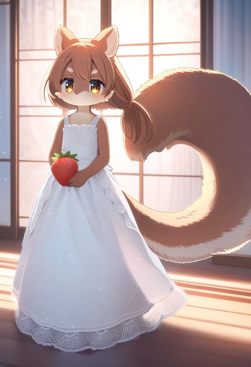 ((Masterpiece)), ((Best Quality)), (Very Detailed), ((Very Detailed)), 4K, (8K), very aesthetic, absurdres highres, 1 girl, (anthropomorphic squirrel, furry, kemono:1.5), An elegant woman in a white dress is indoors, gazing at a modern-designed strawberry ring on her finger. The room is illuminated by cool-toned light, highlighting the texture of the lace on her dress. The strawberry ring features a minimalist style with abstract representation of a strawberry, made of white gold or platinum, and the strawberry part is colored with enamel. (strawberry ring, strawberry ring focus:1.5)