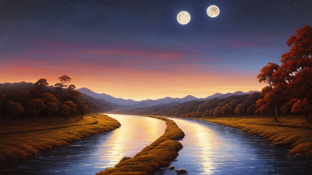 a painting of a river with a full moon in the sky, a matte painting by RHADS, deviantart, conceptual artwork, beautiful moonlight, beautiful moonlight night, beautiful moon light, stunning moonlight and shadows, night time moonlight, full moon night, full moon night dreamy atmosphere, dramatic moonlight, nighttime nature landscape, dramatic moonlight illumination, dramatic moonlight lighting