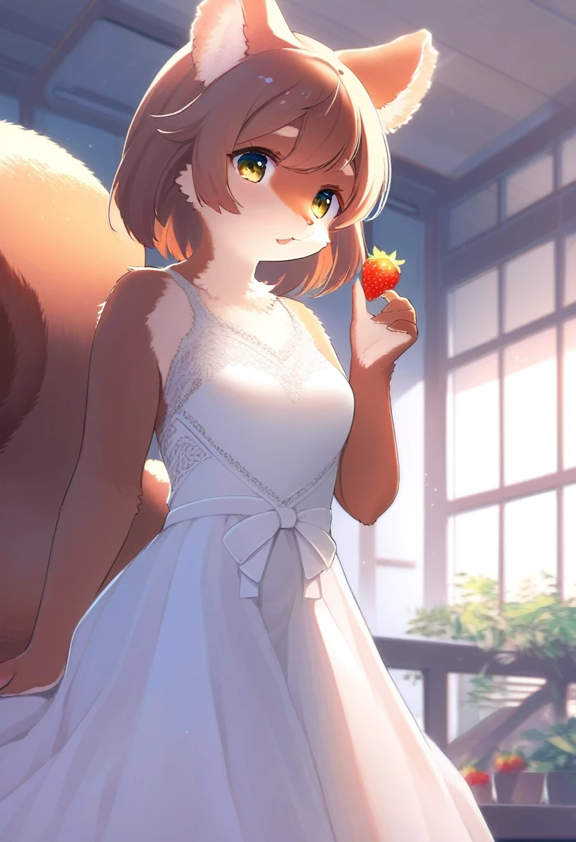 ((Masterpiece)), ((Best Quality)), (Very Detailed), ((Very Detailed)), 4K, (8K), very aesthetic, absurdres highres, 1 girl, (anthropomorphic squirrel, furry, kemono:1.5), An elegant woman in a white dress is indoors, gazing at a modern-designed strawberry ring on her finger. The room is illuminated by cool-toned light, highlighting the texture of the lace on her dress. The strawberry ring features a minimalist style with abstract representation of a strawberry, made of white gold or platinum, and the strawberry part is colored with enamel. (strawberry ring, strawberry ring focus:2.0)