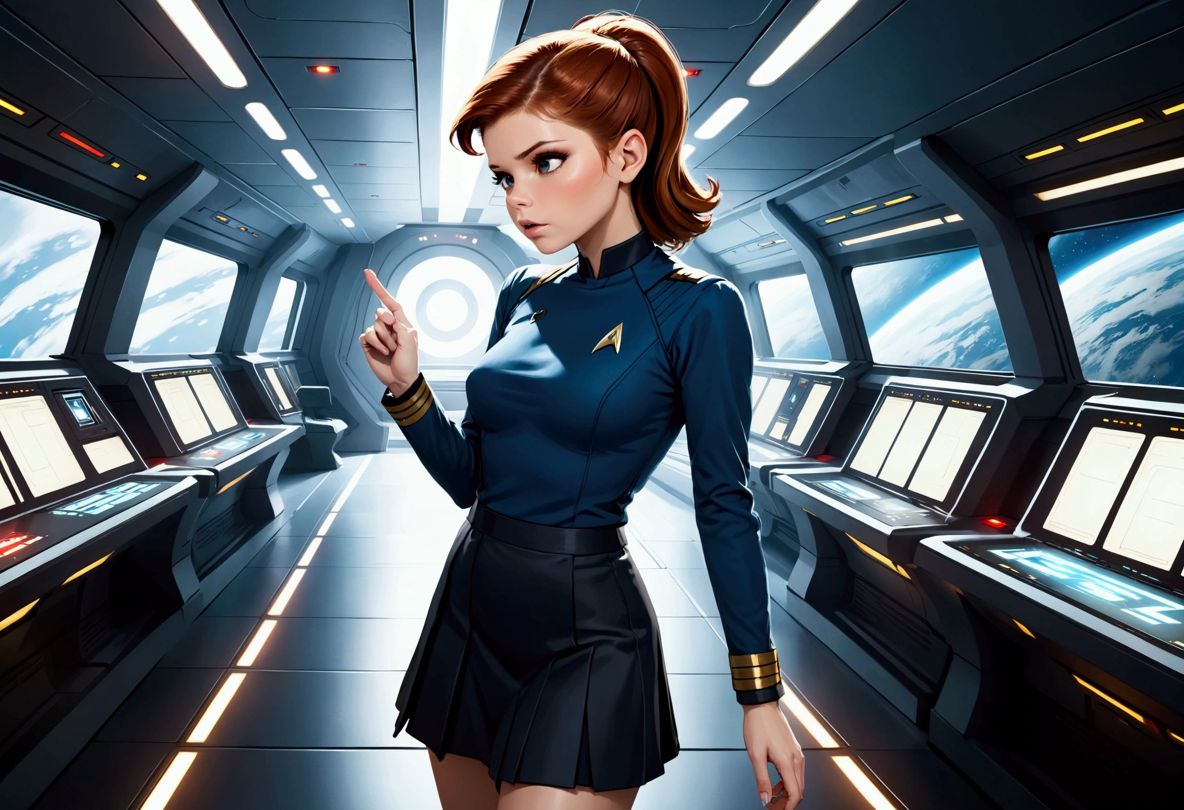 Kate Mara, age 25, short skirt Yeoman on the 60s Star Trek Enterprise. She is bringing a message to Captain Kirk on the bridge.
