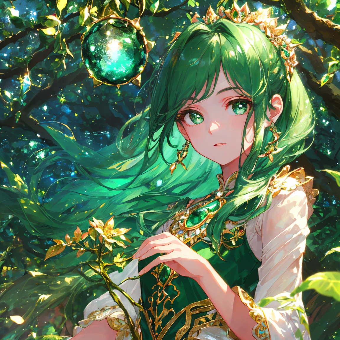 1 girl masterpiece, highest quality, shape, emerald eyes and hair, emerald earrings, emerald necklace, large tree, tree fairy, cute, (dynamic lighting:1.2), cinematic lighting, delicate features, fine eyes, sharp pupils, realistic student, written boundary depth, Bokeh, sharp focus, (very detailed, bloom, shine:1.4), lots of little gems