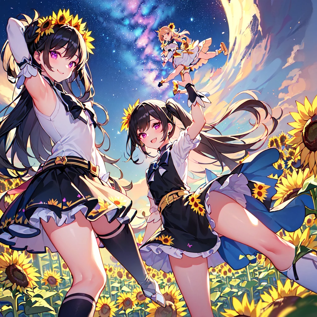 masterpiece, best quality, high quality, extremely detailed, very delicate and beautiful, (5female 18 years old five:1.5), (long black hair two-side up to waist:1.5), bangs to eyebrows, eyes Eyes: 1.5), (long black hair up to the waist with two side up), (bangs up to the eyebrows), eyes: 1.5), (eyes: 1.3), (eye color: magenta), 6.5 head height, (sunflower print magical girl fashion: 1.3), knee socks, frills, (makeup: 1.3), (smiling),(standing), (pose), (dynamic pose)(sunflower field :1.3),(Milky Way Night Sky:1.3),(group shot:1.3)