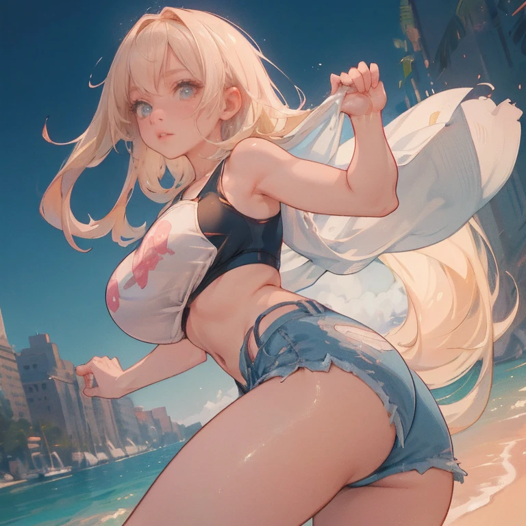 Anime Kawaii sexy Perfect Slim sensual body large breast and huge thighs, An intricate and highly detailed illustration of anime (Young girl) living woman, very sensual, with funk girl clothes, Brazilian, Rio de Janeiro, dancing funk, rolling, big-ass, legs thick, wearing extremely short denim shorts, wearing a mini blouse, umbigo com pirsing, Nike sneakers, longye hair, Speaker behind, fully body, very realistic, extremely sexy, 8k, 8k extremamente detalhado), (an extremely delicate and beautiful), (Masterpiece artwork), (best qualityer: 1.0), (ultra high resolution:1.0)