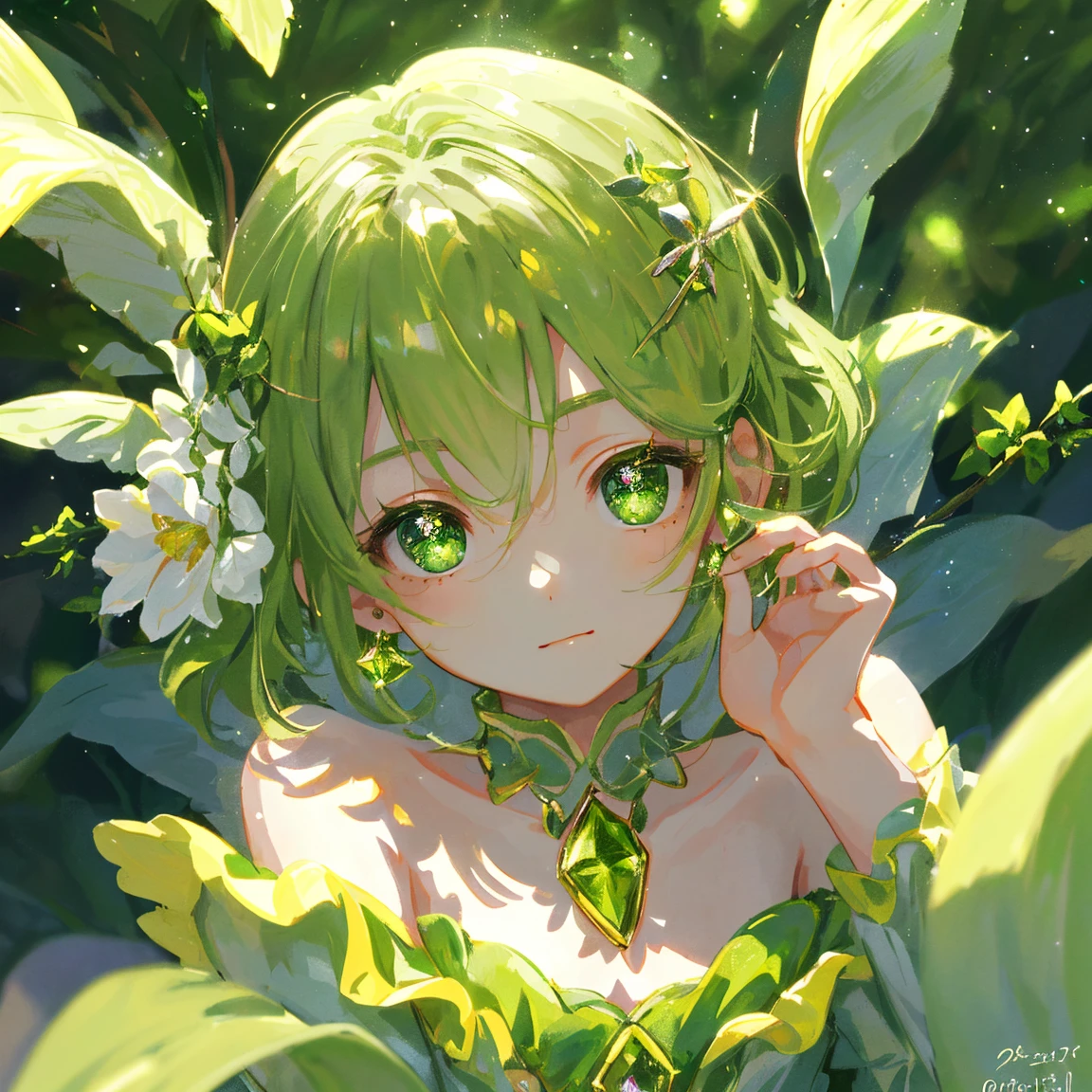 1 girl masterpiece, highest quality, shape, peridot eyes and hair, peridot earrings, peridot necklace, flowers, flower fairy, cute, (dynamic lighting:1.2), cinematic lighting, delicate features, fine eyes, sharp pupils, realistic student, written boundary depth, Bokeh, sharp focus, (very detailed, bloom, shine:1.4), lots of little gems