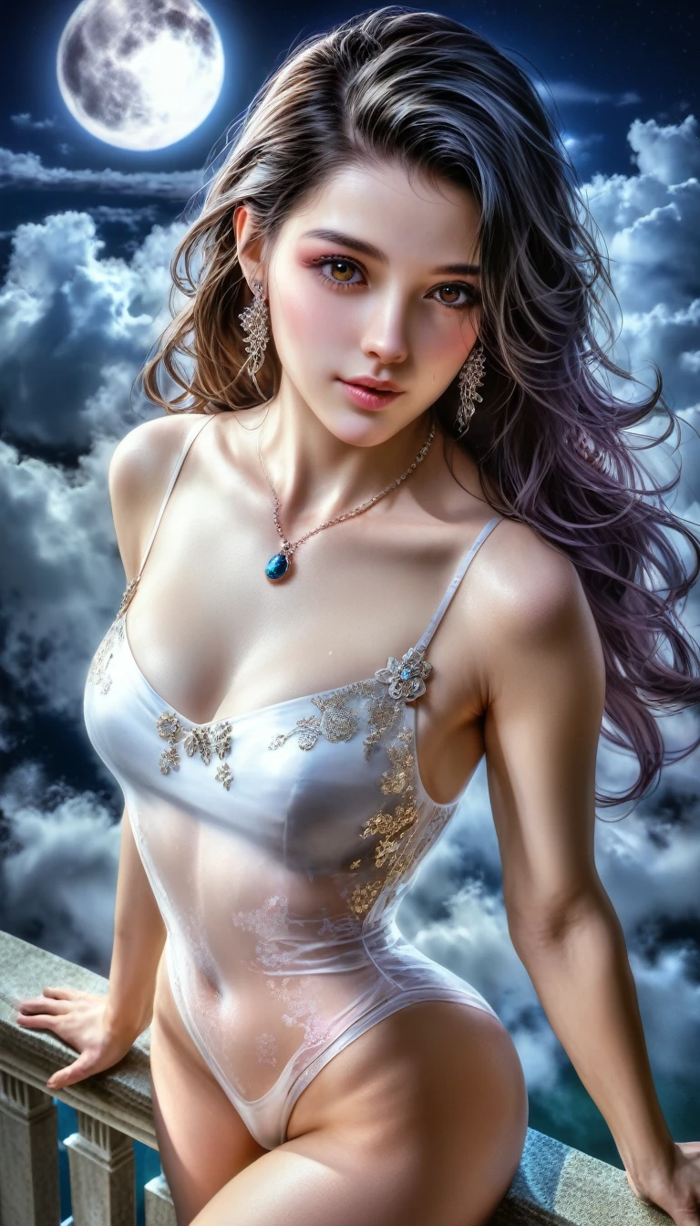 score_9, score_8_superior, score_7_superior, A masterpiece in 32K resolution,Highest quality,it is really amazing,Very detailed,Ultra-high resolution,(Ultra-realistic:1.5),(Realistic:1.5),Increased depth of field,Cinematic lighting,
(Elegant adult Japanese woman:1.3),
Long black hair,Ultra-detailed and beautiful face,(Gentle expression:1.1),Translucent white skin,(Realistic skin texture:1.1),
(Sexy Swimwear:1.1),
Bold design,Artistic design,Beautiful and detailed pattern,Detailed fabric texture,
Gorgeous necklace,Earrings,
Coastline at night,(Giant Moon:1.1),(Dark clouds floating in the dark night sky:1.1),
High angle,