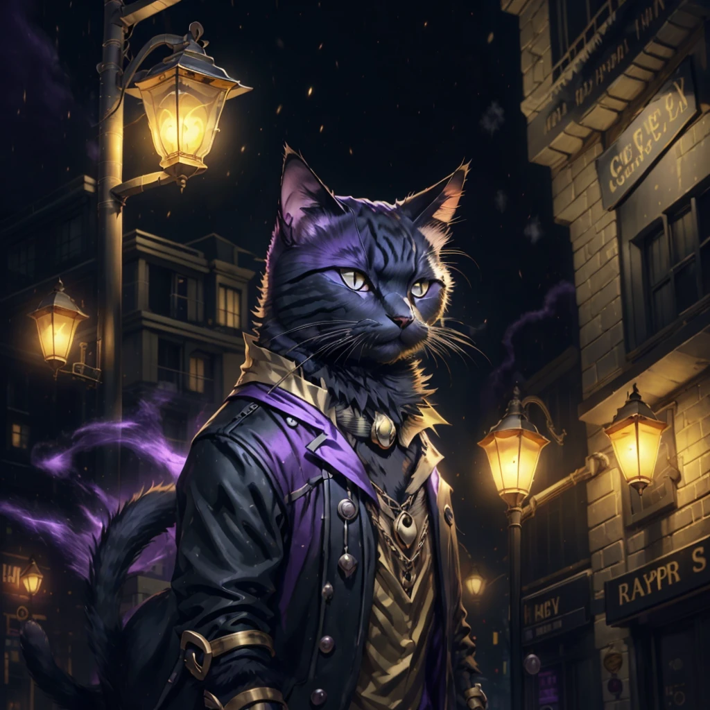 Black cat, purple eyes, gold earing, gold wrist bands, black mist arpund cat, black fog coming from cat, city streets, night time, lamp light