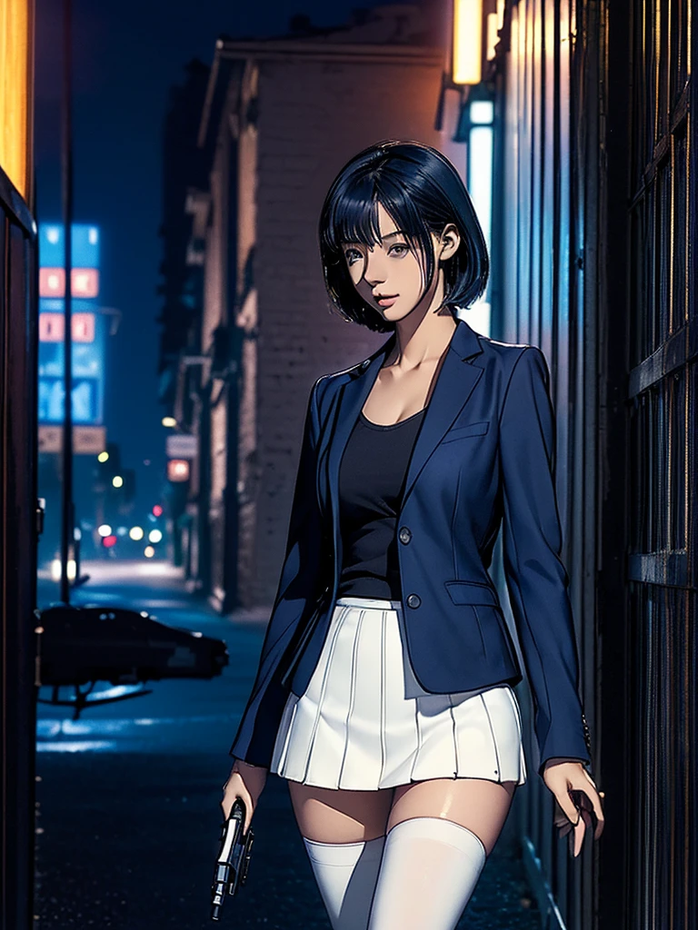 ((masterpiece,best quality,detailing,(depict the background、The background is Manhattan at night with a dimly lit back alley outdoors.)、1woman solo,female police officer、20 year old beauty、dark blue hair,short  hair,blue eyes,ideal ratio body proportions,slender body,medium breasts,gleaming skin,Perfect Anatomy:1.2,Run,hold a gun in one hand、patrol、detailed handgun、navy blue blazer jacket,white tight skirt、mini skirt、thigh_gap, white_thighhighs,