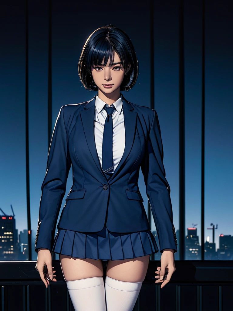 ((masterpiece,best quality,detailing,(depict the background、The background is Manhattan at night with a dimly lit back alley outdoors.)、1woman solo,female police officer、20 year old beauty、dark blue hair,short  hair,blue eyes,ideal ratio body proportions,slender body,medium breasts,gleaming skin,Perfect Anatomy:1.2,Run,hold a gun in one hand、patrol、detailed handgun、navy blue blazer jacket,white tight skirt、mini skirt、thigh_gap, white_thighhighs,