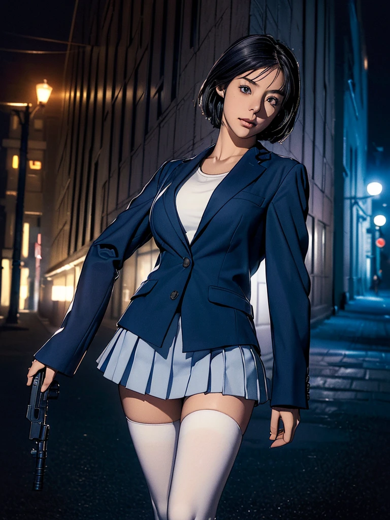 ((masterpiece,best quality,detailing,(depict the background、The background is Manhattan at night with a dimly lit back alley outdoors.)、1woman solo,female police officer、20 year old beauty、dark blue hair,short  hair,blue eyes,ideal ratio body proportions,slender body,??????????????,gleaming skin,Perfect ???????:1.2,Run,hold a gun in one hand、patrol、detailed handgun、navy blue blazer jacket,white tight skirt、mini skirt、thigh_gap, white_thighhighs,