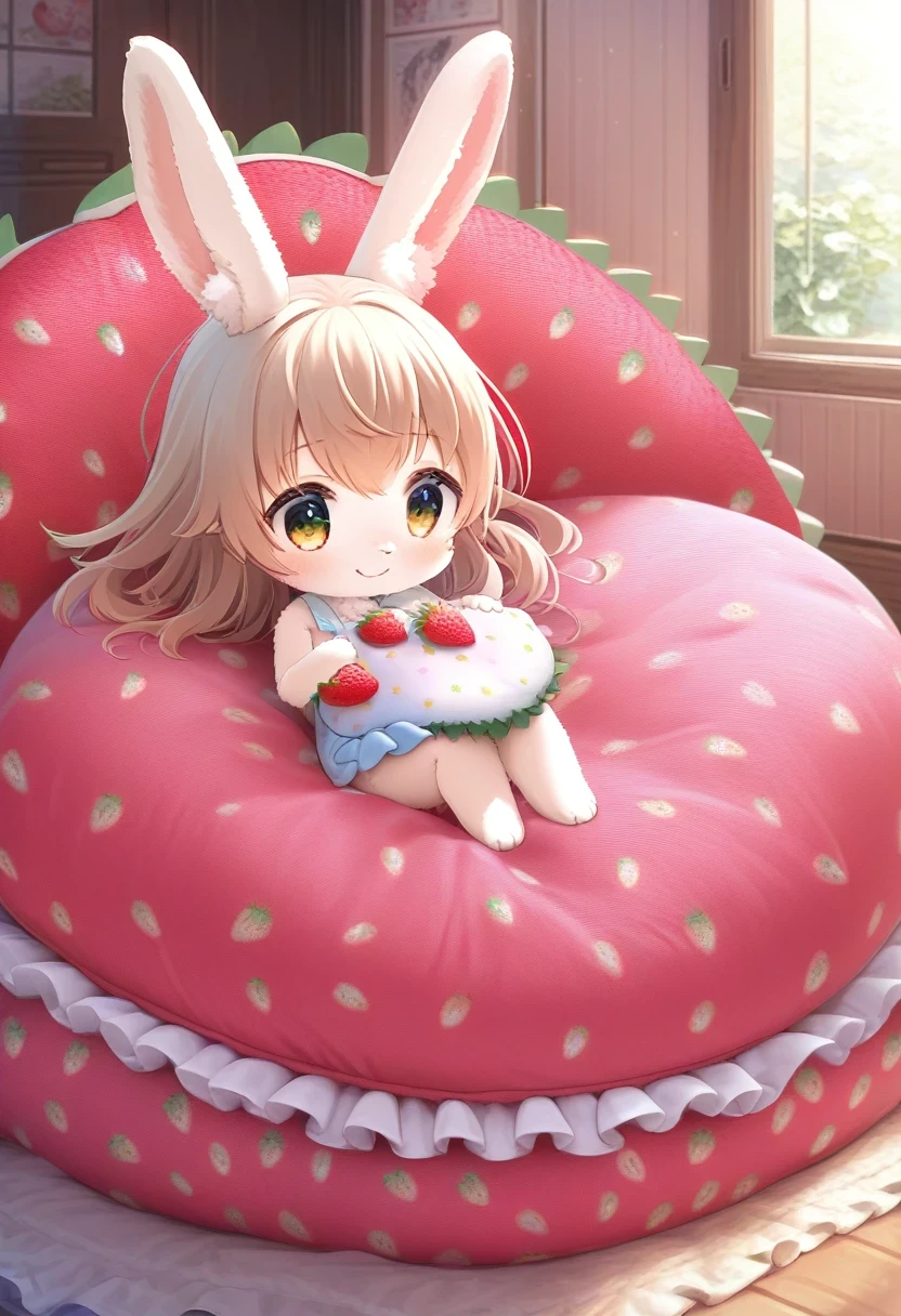 ((Masterpiece)), ((Best Quality)), (Very Detailed), ((Very Detailed)), 4K, (8K), very aesthetic, absurdres highres, 1 girl, (anthropomorphic Rabbit, furry, kemono:1.5), chibi, A woman hugs a large strawberry cushion in the living room. The room was filled with warm light, and her happy smile was impressive. The cushions are soft and fluffy, and homey furniture is placed in the background. (large strawberry cushion:2.0)