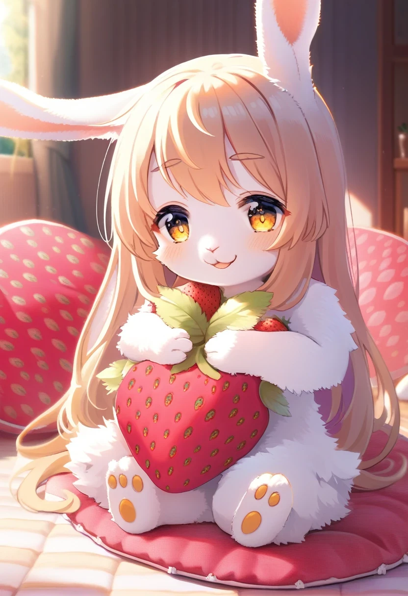 ((Masterpiece)), ((Best Quality)), (Very Detailed), ((Very Detailed)), 4K, (8K), very aesthetic, absurdres highres, 1 girl, (anthropomorphic Rabbit, furry, kemono:1.5), A woman hugs a large strawberry cushion in the living room. The room was filled with warm light, and her happy smile was impressive. The cushions are soft and fluffy, and homey furniture is placed in the background, (large strawberry cushion:2.0)
