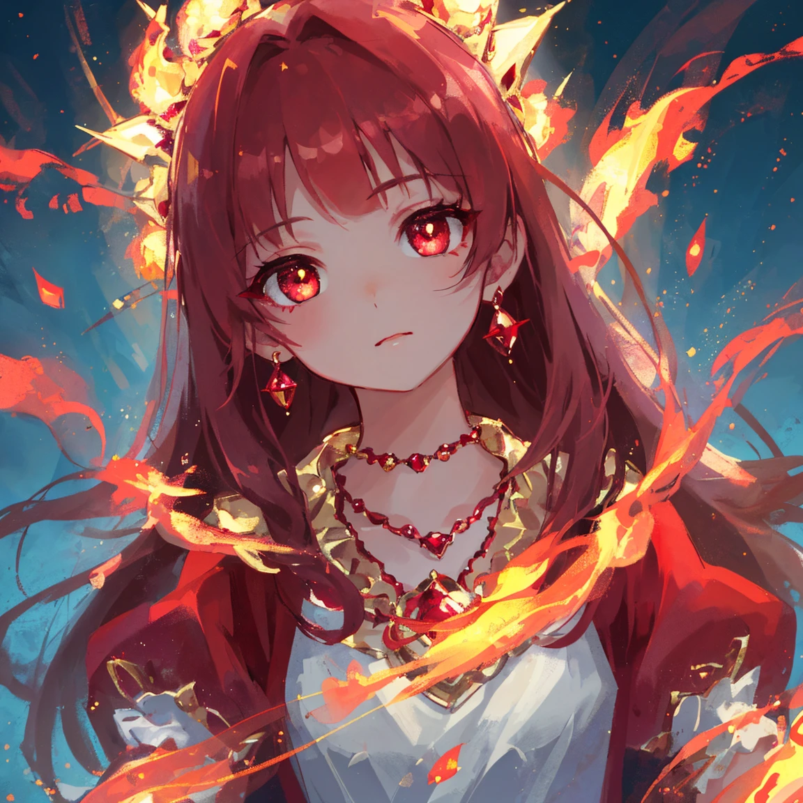1 girl masterpiece, highest quality, shape, Ruby eyes and hair, Ruby earrings, Ruby necklace, flame, fire fairy, cute, (dynamic lighting:1.2), cinematic lighting, delicate features, fine eyes, sharp pupils, realistic student, written boundary depth, Bokeh, sharp focus, (very detailed, bloom, shine:1.4), lots of little gems