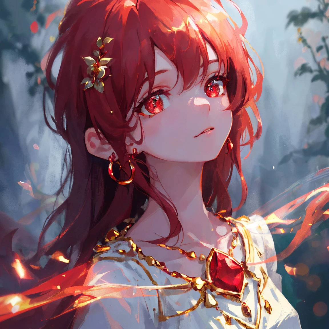 1 girl masterpiece, highest quality, shape, Ruby eyes and hair, Ruby earrings, Ruby necklace, flame, fire fairy, cute, (dynamic lighting:1.2), cinematic lighting, delicate features, fine eyes, sharp pupils, realistic student, written boundary depth, Bokeh, sharp focus, (very detailed, bloom, shine:1.4), lots of little gems 