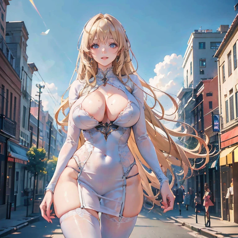 Anime Kawaii sexy Perfect Slim sensual body large breast and huge thighs, An intricate and highly detailed illustration of anime (Young girl) a beautiful young girl with long blonde hair, wearing a short dress, standing on a city street, gorgeous, high quality, pixiv style, (best quality,4k,8k,highres,masterpiece:1.2),ultra-detailed,(realistic,photorealistic,photo-realistic:1.37),HDR,UHD,studio lighting,ultra-fine painting,sharp focus,physically-based rendering,extreme detail description,professional,vivid colors,bokeh