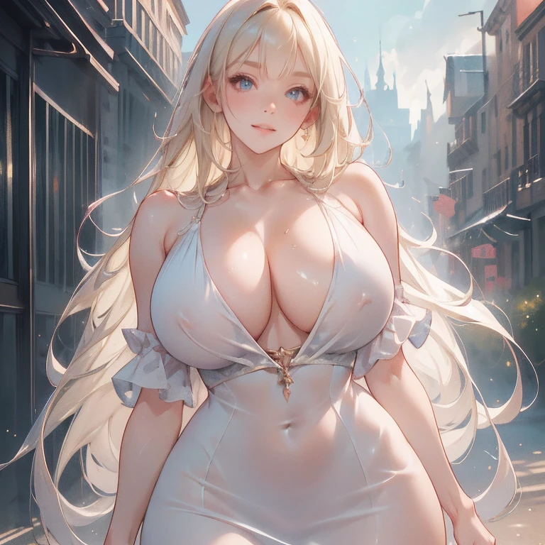 Anime Kawaii sexy Perfect Slim sensual body large breast and huge thighs, An intricate and highly detailed illustration of anime (Young girl) a beautiful young girl with long blonde hair, wearing a short dress, standing on a city street, gorgeous, high quality, pixiv style, (best quality,4k,8k,highres,masterpiece:1.2),ultra-detailed,(realistic,photorealistic,photo-realistic:1.37),HDR,UHD,studio lighting,ultra-fine painting,sharp focus,physically-based rendering,extreme detail description,professional,vivid colors,bokeh