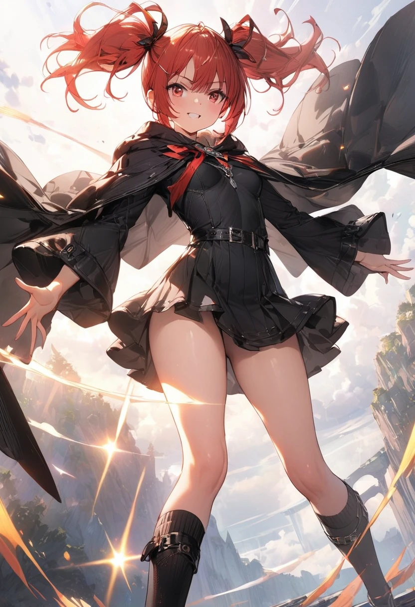 (masterpiece),(best quality),(ultra-detailed),(best illustration),(best shadow),(absurdres),(detailed background),(very aesthetic), wizzard, short hair, red hair, ((twin tail)), ((small_breasts)) ,red eyes, cloak, exposed belly, 1girl, legs exposed, strikes, Perfect face, short skirt, ((black clothes)) ,knee socks,add_detail:1, add_detail:0, add_detail:0.5, moody light，and the sun was shining brightly，8k，hyper-detailing
