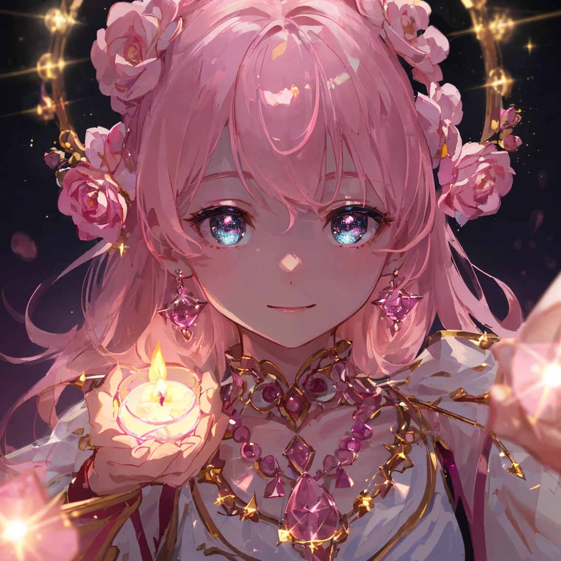 1 girl masterpiece, highest quality, shape,beautiful smile, Rose Quartz eyes and hair, pink Quartz earrings, Rose Quartz necklace, lamp, candle,fire fairy, cute, (dynamic lighting:1.2), cinematic lighting, delicate features, fine eyes, sharp pupils, realistic student, written boundary depth, Bokeh, sharp focus, (very detailed, bloom, shine:1.4), lots of little gems