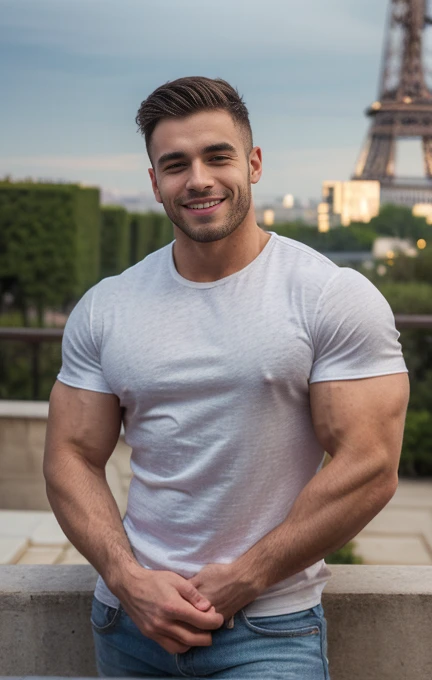 A handsome bodybuilder young man (20 years, atractive, cute smile, Profiled nose, thick lips, perfect face, huge biceps , t-shirt, veiny ) Flexing arms  sexy, On a terrace of a coffe , Eiffel tower , at mouline rouge, night