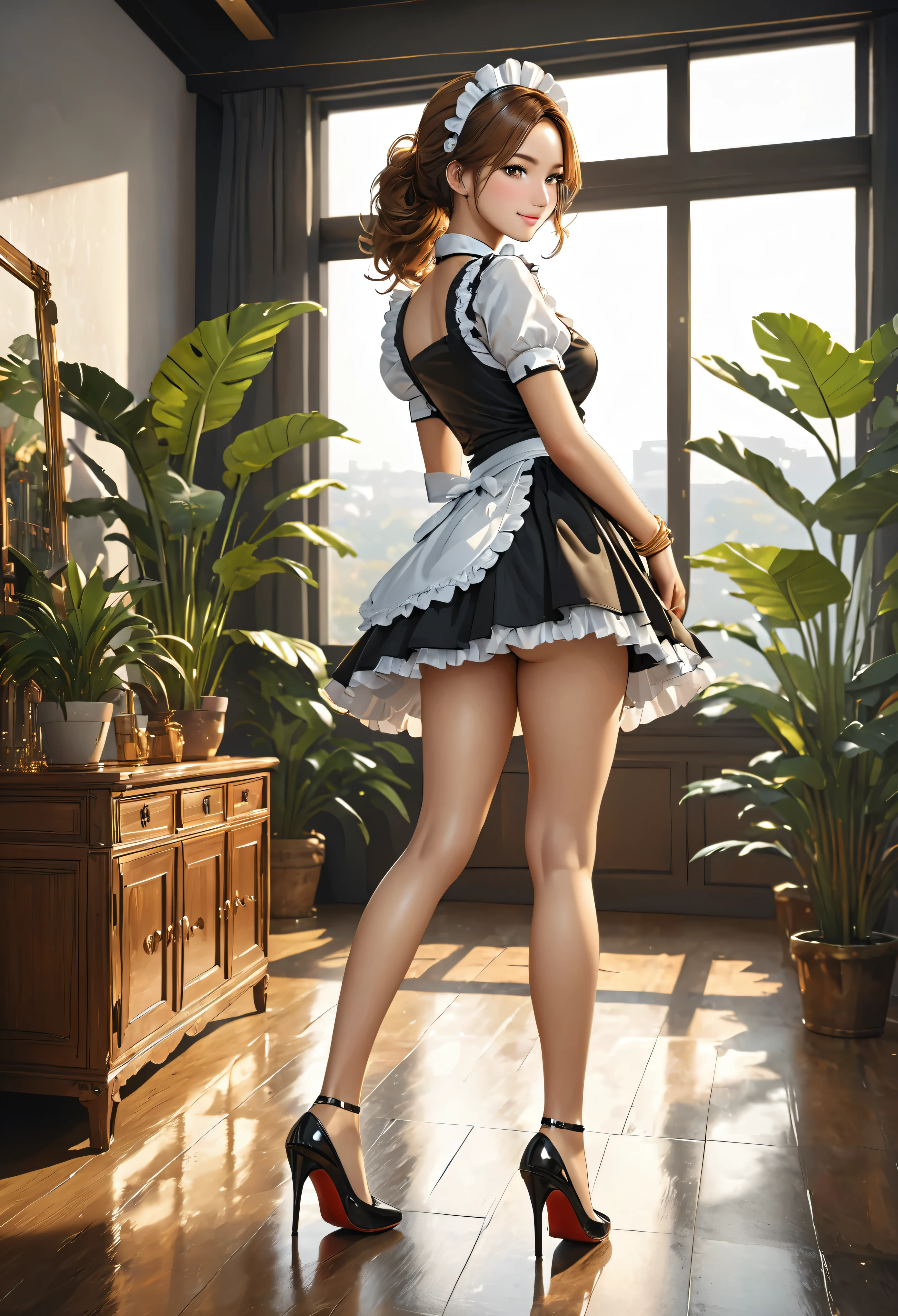 (young woman:1.5), (sexy maid outfit, black high heels, golden bracelet:1.2), long brown hair, brown eyes, (cheeky smilie), detailed skin texture, (realistic skin pores, skin impurities:1.4), bend over, looking back over shoulder, 24k resolution, highly detailed, (natural front light:0.5), (full body shot:1.3), (realistic style:1.5), modern livingroom with large window and deco plants