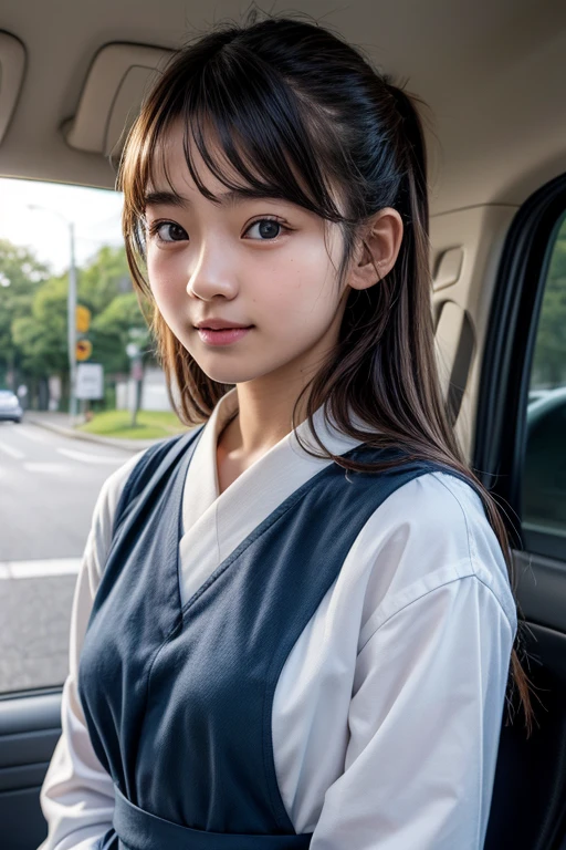 ((Cute 15 year old Japanese))、on the road、Highly detailed face、Pay attention to the details、double eyelid、Beautiful thin nose、Sharp focus:1.2、Beautiful woman:1.4、Cute Hairstyles、Pure white skin、Highest quality、masterpiece、Ultra-high resolution、(Realistic:1.4)、Highly detailed and professional lighting、nice smile、Japanese school girl uniform