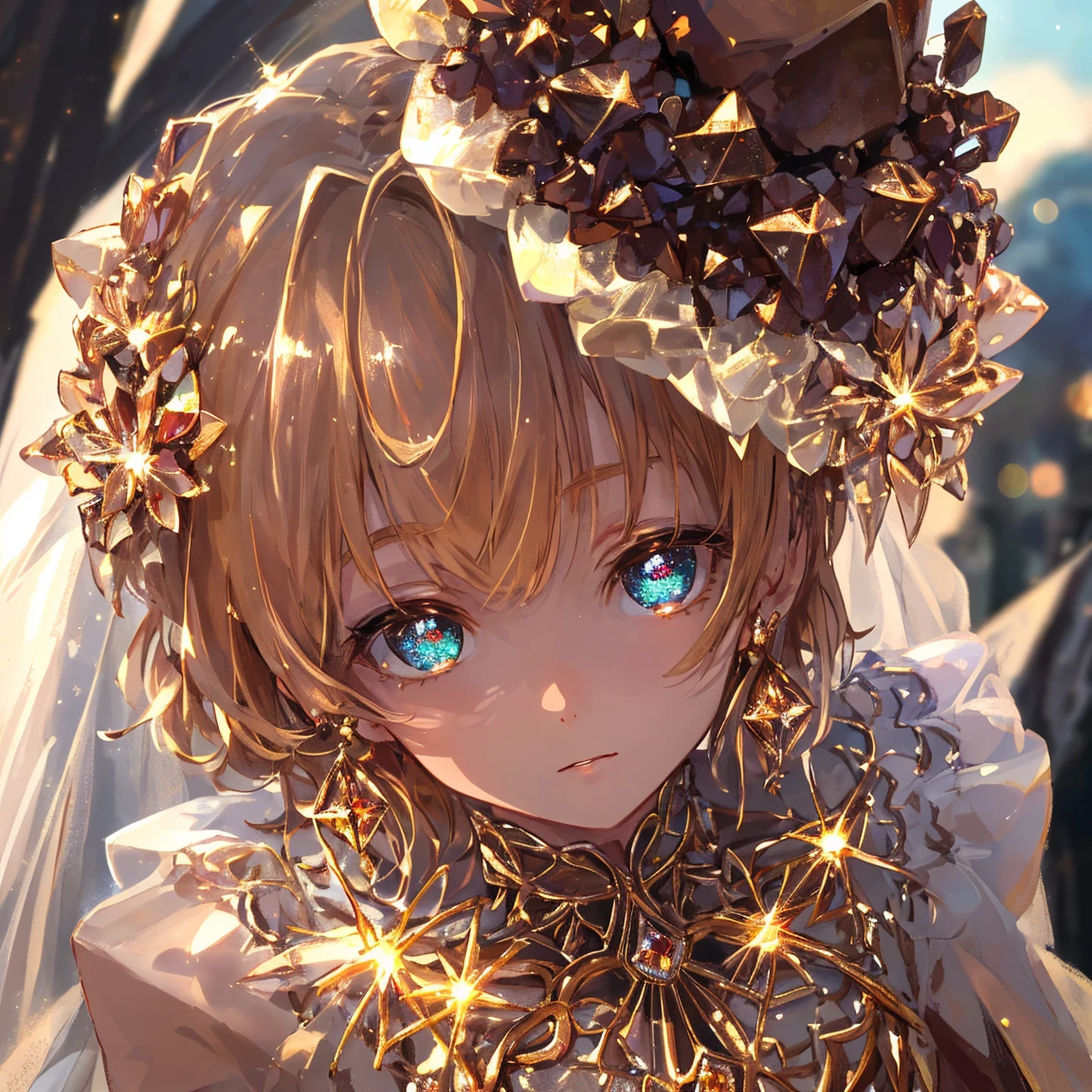1 girl masterpiece, highest quality, shape, brown diamond eyes and hair, brown diamond earrings, brown diamond necklace, soil, earth fairy, cute, (dynamic lighting:1.2), cinematic lighting, delicate features, fine eyes, sharp pupils, realistic student, written boundary depth, Bokeh, sharp focus, (very detailed, bloom, shine:1.4), lots of little gems