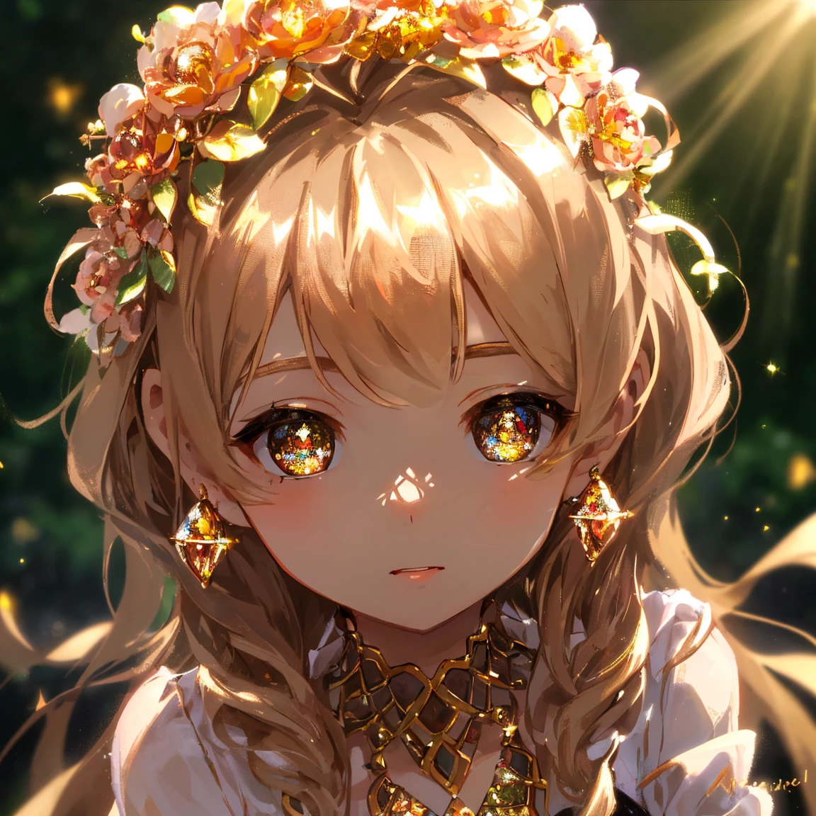 1 girl masterpiece, highest quality, shape, brown diamond eyes and hair, brown diamond earrings, brown diamond necklace, soil, earth fairy, cute, (dynamic lighting:1.2), cinematic lighting, delicate features, fine eyes, sharp pupils, realistic student, written boundary depth, Bokeh, sharp focus, (very detailed, bloom, shine:1.4), lots of little gems